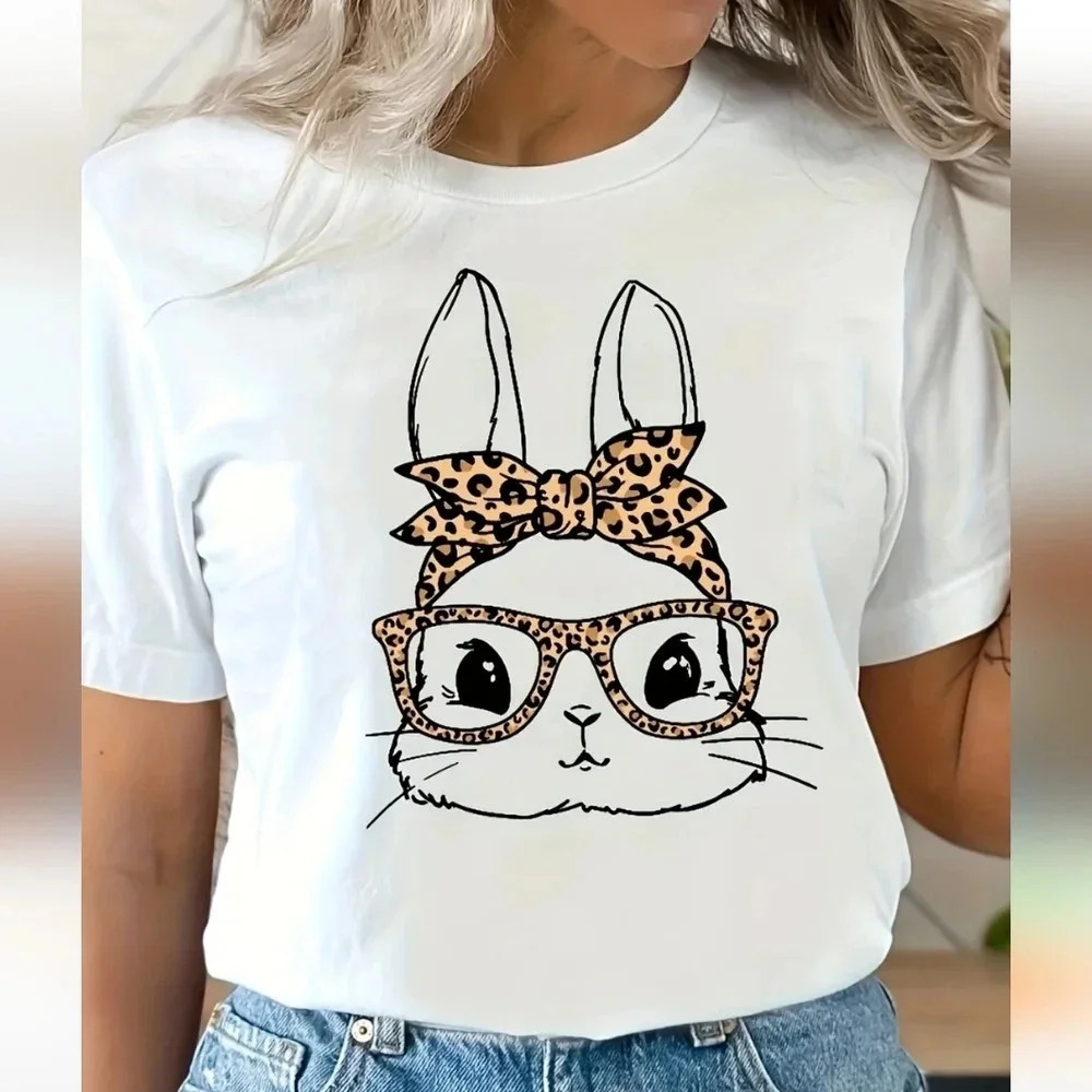 Easter Mom Bunny Tee w/ Leopard Print sz S - Picture 5 of 5
